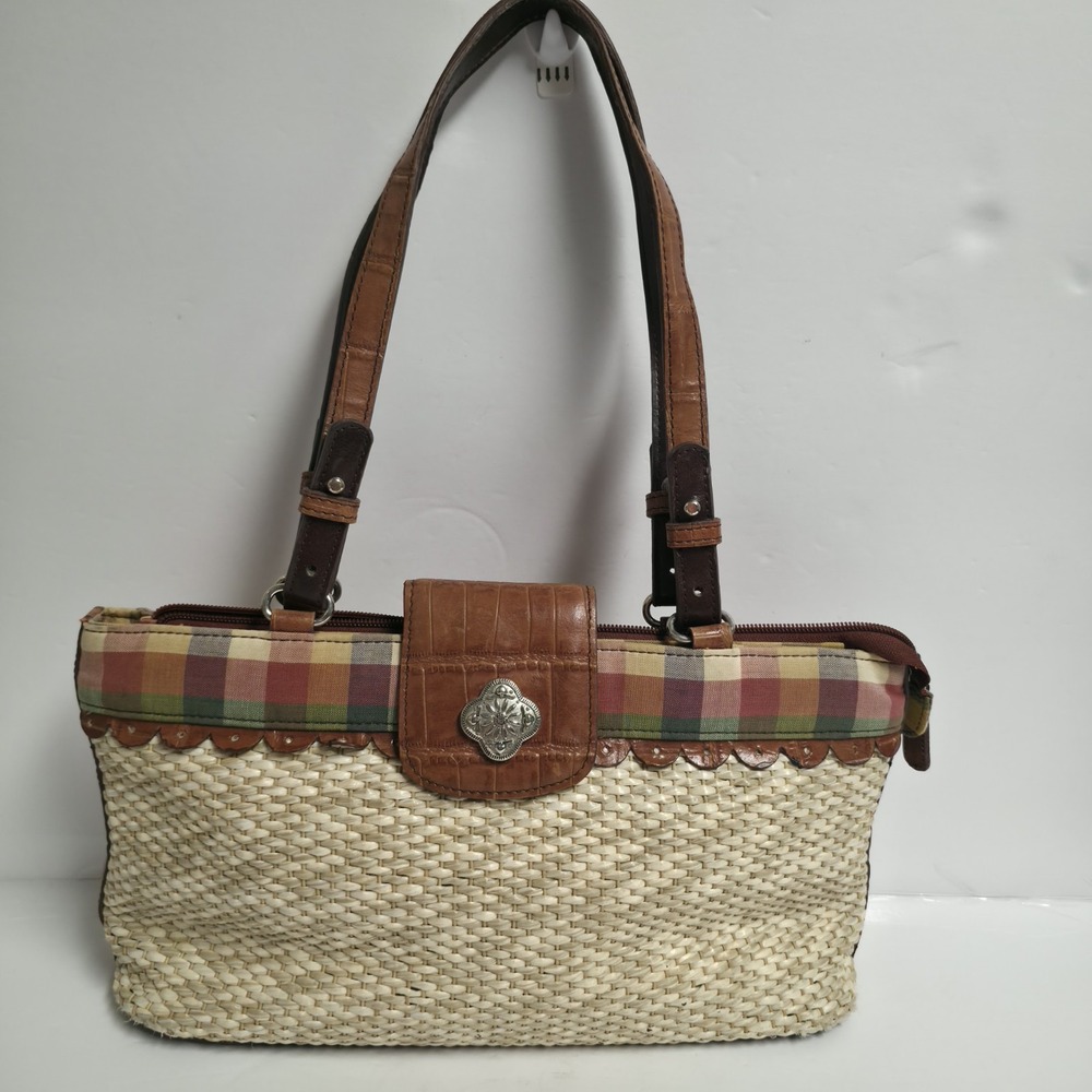 Vintage M.C. Marc Chantal Straw Plaid Shoulder Bag Western Croc Trim Boho